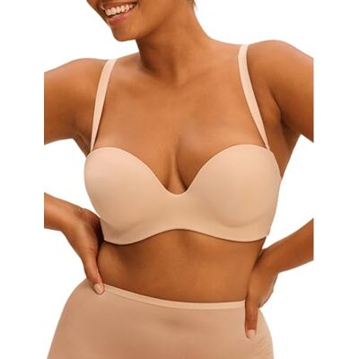 Simone Perele Axelbandslös BH med nätkupor och bygel osynlig, Rosa läder, 90A Simone Perele Axelbandslös BH med nätkupor och bygel osynlig, Rosa läder, 90A