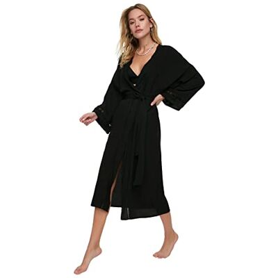 Trendyol Kvinnors randig spets bälte kimono & kaftan, svart, medium Trendyol Kvinnors randig spets bälte kimono & kaftan, svart, medium
