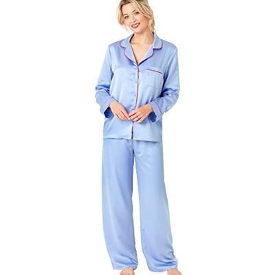 Indigo Sky dam Astara full längd satin-pyjamas med kontraströr, Denim, 18-20, denim, 44-46 Indigo Sky dam Astara full längd satin-pyjamas med kontraströr, Denim, 18-20, denim, 44-46