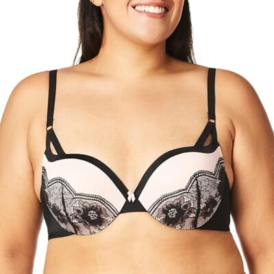 Maidenform Push-up BH för kvinnor, Svart/mild persika bandspets, 75C Maidenform Push-up BH för kvinnor, Svart/mild persika bandspets, 75C