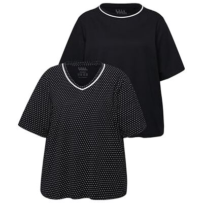 Ulla Popken dam stora storlekar överdimensionerade plus size pyjamas-skjortor, 2-pack, prickar/uni, halvärm, svart, 46-48 Ulla Popken dam stora storlekar överdimensionerade plus size pyjamas-skjortor, 2-pack, prickar/uni, halvärm, svart, 46-48