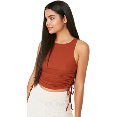 Trendyol Dam myskläder figursydd rund hals vävd blus, Kakel röd, XL Trendyol Dam myskläder figursydd rund hals vävd blus, Kakel röd, XL