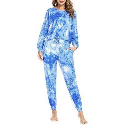 Doaraha Pyjamas Kvinnor Vinter Bomull Lång Tie Dye 2 stycken Sexig Raffinerad Rund Hals Nattskjortor och Comfort S-XXL, Blå Tie-dye, XXL Doaraha Pyjamas Kvinnor Vinter Bomull Lång Tie Dye 2 stycken Sexig Raffinerad Rund Hals Nattskjortor och Comfort S-XXL, Blå Tie-dye, XXL