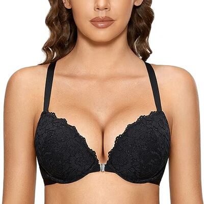 DOBREVA Kvinnors främre stängning BH med bygel Push Up Lace Halter BH Racerback djup urringning vadderad Svart 90D DOBREVA Kvinnors främre stängning BH med bygel Push Up Lace Halter BH Racerback djup urringning vadderad Svart 90D
