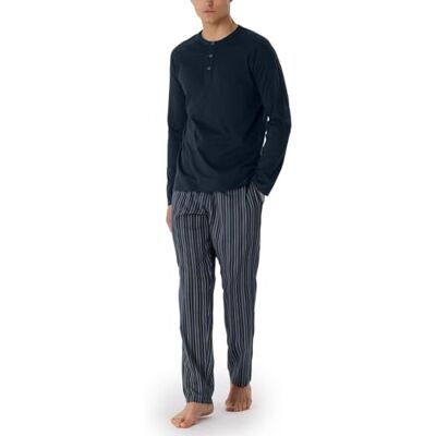 Schiesser Lång pyjamas för män med vävda byxor och mercericiserad bomull och knapplist premium pyjamas-set, nattblå, 48, Midnattblå, 48 Schiesser Lång pyjamas för män med vävda byxor och mercericiserad bomull och knapplist premium pyjamas-set, nattblå, 48, Midnattblå, 48