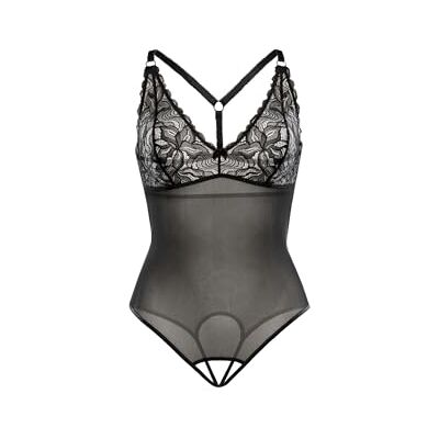 Teyli dambodys av transparent mesh – spets på bröstet med blommotiv – tunna, justerbara remmar – dambodys med öppet steg, svart, M Teyli dambodys av transparent mesh – spets på bröstet med blommotiv – tunna, justerbara remmar – dambodys med öppet steg, svart, M