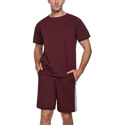 Doaraha Pyjamasset för män, rund hals, pyjamas, kortärmad, set, mjuk bomullstopp och underdel loungekläder med fickor, A-vinröd, M Doaraha Pyjamasset för män, rund hals, pyjamas, kortärmad, set, mjuk bomullstopp och underdel loungekläder med fickor, A-vinröd, M