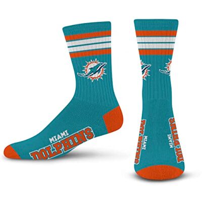 For Bare Feet NFL 4 Stripe Deuce Crew Sock, Miami Dolphins, Large For Bare Feet NFL 4 Stripe Deuce Crew Sock, Miami Dolphins, Large