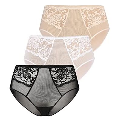 Teyli 3-pack damtrosor hög midja kalsonger nät blommig spets full komfort andningsbara stretchiga trosor paket med 3 Vida, Svart vit beige, 44 Teyli 3-pack damtrosor hög midja kalsonger nät blommig spets full komfort andningsbara stretchiga trosor paket med 3 Vida, Svart vit beige, 44