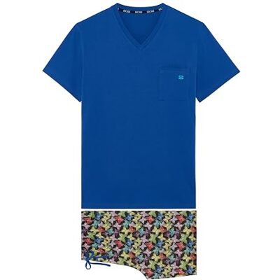 HOM Kort fjäril pyjamas, Topp: Blå Enfärgad Botten: Tryck Multicos fjärilar Svart bakgrund, S HOM Kort fjäril pyjamas, Topp: Blå Enfärgad Botten: Tryck Multicos fjärilar Svart bakgrund, S