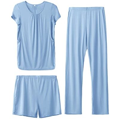 SUNNYBUY Mammakläder för kvinnor, amningspyjamas-set, kortärmade underkläder, graviditetsshorts och byxor, 3-delat amningskyjamas-set, blå grå, XL SUNNYBUY Mammakläder för kvinnor, amningspyjamas-set, kortärmade underkläder, graviditetsshorts och byxor, 3-delat amningskyjamas-set, blå grå, XL