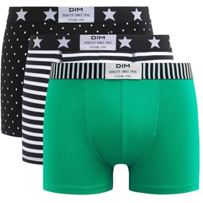 Dim Boxer Vibes bomull stretch x3 för män, Svart/vit/grön, S Dim Boxer Vibes bomull stretch x3 för män, Svart/vit/grön, S