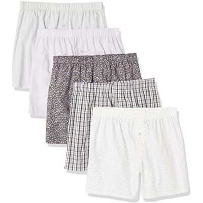 Amazon Essentials herr vävd bomull boxershorts (finns i stora och långa), paket med 5, pil geo/höger vit/oliv Ditsy blommig/rutig/vit, Small Amazon Essentials herr vävd bomull boxershorts (finns i stora och långa), paket med 5, pil geo/höger vit/oliv Ditsy blommig/rutig/vit, Small