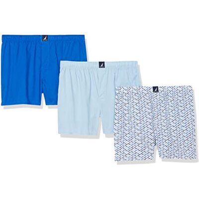 Nautica Herr bomullsvävd 3-pack boxershorts Noon Blue/Spinner Blue/Shark tryck påfågel, medium Nautica Herr bomullsvävd 3-pack boxershorts Noon Blue/Spinner Blue/Shark tryck påfågel, medium