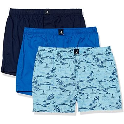 Nautica Herr bomullsvävd 3-pack boxershorts spinner blå/peacoat/tropiskt sceniskt tryck, medium Nautica Herr bomullsvävd 3-pack boxershorts spinner blå/peacoat/tropiskt sceniskt tryck, medium