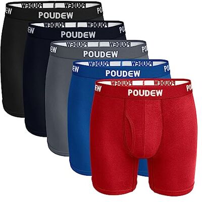 POUDEW herr andningsbar viskos fukttransporterande ingen rulle midjeband tagless underkläder boxershorts, paket med 5, B: Bk/Gy/Nvy/Bu/Rd (Fly), S POUDEW herr andningsbar viskos fukttransporterande ingen rulle midjeband tagless underkläder boxershorts, paket med 5, B: Bk/Gy/Nvy/Bu/Rd (Fly), S