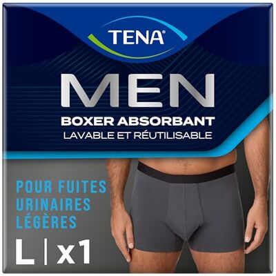 TENA Herr tvättbara och återanvändbara skyddskorgar, designade för lätta urindroppar och läckage, absorberande boxershorts för män med snabb absorption, grå, storlek L TENA Herr tvättbara och återanvändbara skyddskorgar, designade för lätta urindroppar och läckage, absorberande boxershorts för män med snabb absorption, grå, storlek L