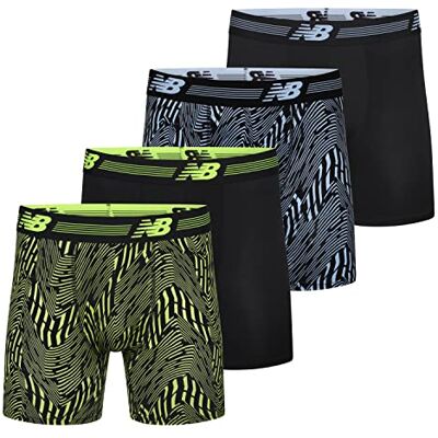 New Balance Men's Performance 6" NO Fly Boxer Brief (4-Pack), Black/Azure Print/Black/Hi-Lite Print, Medium New Balance Men's Performance 6" NO Fly Boxer Brief (4-Pack), Black/Azure Print/Black/Hi-Lite Print, Medium