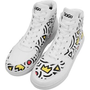 DOGO Kvinnors veganska läder vita höga sneakers abstrakt kontur vit mönster, Material: Polyester, 39 EU DOGO Kvinnors veganska läder vita höga sneakers abstrakt kontur vit mönster, Material: Polyester, 39 EU