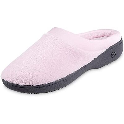 Isotoner Dam frotté och satin slip-on vadderad toffel med minnesskum för inomhus/utomhus komfort platta sandaler, Blomblad rosa, 39.5 EU Isotoner Dam frotté och satin slip-on vadderad toffel med minnesskum för inomhus/utomhus komfort platta sandaler, Blomblad rosa, 39.5 EU