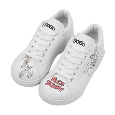 DOGO Unisex barn vegan vita sneakers Warner Bros What's up Doc Bugs Bunny mönster, Material: Polyester, 28 EU DOGO Unisex barn vegan vita sneakers Warner Bros What's up Doc Bugs Bunny mönster, Material: Polyester, 28 EU