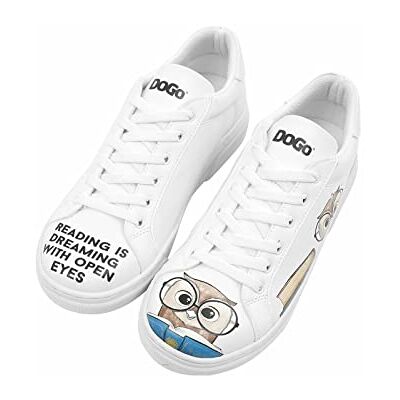 DOGO Kvinnors veganläder vita sneakers The Wise Owl Motif-38, Vitt och blått, 38 EU DOGO Kvinnors veganläder vita sneakers The Wise Owl Motif-38, Vitt och blått, 38 EU