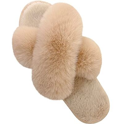 Parlovable Damtofflor med korsband mjuk plysch lurviga mysiga öppen tå husskor inomhus utomhus fuskpäls varm bekväm slip-on andas, Camel, 38/39 EU Parlovable Damtofflor med korsband mjuk plysch lurviga mysiga öppen tå husskor inomhus utomhus fuskpäls varm bekväm slip-on andas, Camel, 38/39 EU