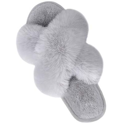 Parlovable Kvinnors pälspäls korsbandstofflor mjuka plysch varma husskor flop öppen tå inomhus utomhus slip on, Grå Grå 37/38 EU Parlovable Kvinnors pälspäls korsbandstofflor mjuka plysch varma husskor flop öppen tå inomhus utomhus slip on, Grå Grå 37/38 EU