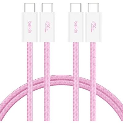 Belkin 2-Pack Flätad Kabel för USB-C till USB-C, 1,5 m, 60 W Mjuk, flexibel snabbladdningskabel, laddningskabel för Type-C för iPhone 16- och 17-serien, Galaxy S25, Pixel 10, iPad Pro,m.fl. Rosa Belkin 2-Pack Flätad Kabel för USB-C till USB-C, 1,5 m, 60 W Mjuk, flexibel snabbladdningskabel, laddningskabel för Type-C för iPhone 16- och 17-serien, Galaxy S25, Pixel 10, iPad Pro,m.fl. Rosa