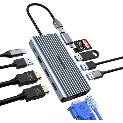 Tymyp 12-i-1 USB C-hub, dockningsstation, 2 x HDMI, VGA, Ethernet, 100 W PD, 3 x USB 3.0, USB 2.0, SD/TF-kortläsare, ljud/mic, stöder Windows 10,8,7, XP/Mac OS/Linux Tymyp 12-i-1 USB C-hub, dockningsstation, 2 x HDMI, VGA, Ethernet, 100 W PD, 3 x USB 3.0, USB 2.0, SD/TF-kortläsare, ljud/mic, stöder Windows 10,8,7, XP/Mac OS/Linux