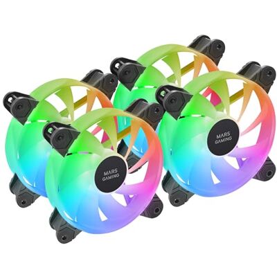 Mars Gaming MF-4A, Kit 4x 120mm ARGB-fläktar, 360° Ramfri Belysning, 5V 3Pin Adresserbar RGB, Anpassningsbar Rainbow-effekt, Ultrasnåla FDB-lager, Dubbelkontakt, Svart Mars Gaming MF-4A, Kit 4x 120mm ARGB-fläktar, 360° Ramfri Belysning, 5V 3Pin Adresserbar RGB, Anpassningsbar Rainbow-effekt, Ultrasnåla FDB-lager, Dubbelkontakt, Svart