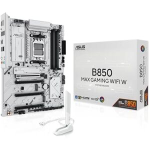 Asus B850 MAX GAMING WIFI W, AMD ATX-moderkort, 8 + 2 + 1 strömförsörjningssteg, DDR5, PCIe 5.0-plats, 3 M.2-platser, WiFi 6E, Ethernet 2,5 Gb, USB-A, USB-C, HDMI, BIOS flashback och aura-sync, vit Asus B850 MAX GAMING WIFI W, AMD ATX-moderkort, 8 + 2 + 1 strömförsörjningssteg, DDR5, PCIe 5.0-plats, 3 M.2-platser, WiFi 6E, Ethernet 2,5 Gb, USB-A, USB-C, HDMI, BIOS flashback och aura-sync, vit