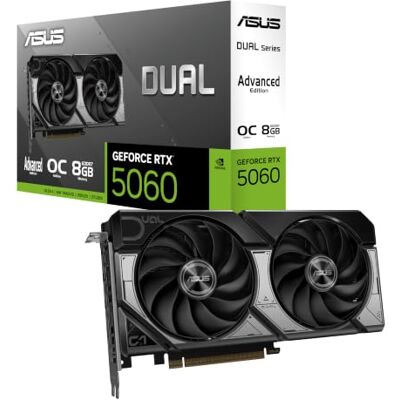 Asus Dual GeForce RTX 5060 8 GB GDDR7 OC Ed. Advanced Gaming grafikkort Nvidia GeForce RTX5060 DLSS 4, 2,5-kortsdesign, PCIe 5.0, 3x DisplayPort 2.1b, 1x HDMI 2.1b Asus Dual GeForce RTX 5060 8 GB GDDR7 OC Ed. Advanced Gaming grafikkort Nvidia GeForce RTX5060 DLSS 4, 2,5-kortsdesign, PCIe 5.0, 3x DisplayPort 2.1b, 1x HDMI 2.1b