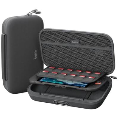 Belkin Gaming laddningsfodral Pro för Nintendo Switch 2 med löstagbar powerbank på 10 000 mAh, reseväska med AirTag-hållare, förvaring för 12 spelkort, design för laddning i fodralet, hårt skal Grå Belkin Gaming laddningsfodral Pro för Nintendo Switch 2 med löstagbar powerbank på 10 000 mAh, reseväska med AirTag-hållare, förvaring för 12 spelkort, design för laddning i fodralet, hårt skal Grå