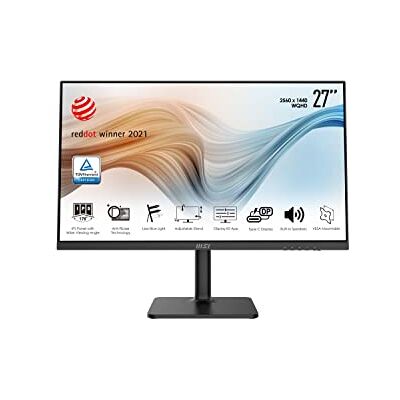 MSI Modern MD271QP 27 Inch WQHD (2560 x 1440) Monitor, 75Hz, IPS, 5ms, HDMI, Type-C, DisplayPort, Adjustable Stand, Speakers, Anti-Glare/ -Flicker, Less Blue light, TÜV Certified, VESA, Black MSI Modern MD271QP 27 Inch WQHD (2560 x 1440) Monitor, 75Hz, IPS, 5ms, HDMI, Type-C, DisplayPort, Adjustable Stand, Speakers, Anti-Glare/ -Flicker, Less Blue light, TÜV Certified, VESA, Black
