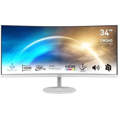 MSI Pro MP341CQW 34 tum böjd skrivbordsskärm UWQHD 1500R VA-panel, 3 440 x 1 440, 100 Hz, ögonkomfort, 3 000:1-kontrast, 21:9, inbyggda högtalare, DP 1.2a, HDMI 2.0b vit MSI Pro MP341CQW 34 tum böjd skrivbordsskärm UWQHD 1500R VA-panel, 3 440 x 1 440, 100 Hz, ögonkomfort, 3 000:1-kontrast, 21:9, inbyggda högtalare, DP 1.2a, HDMI 2.0b vit