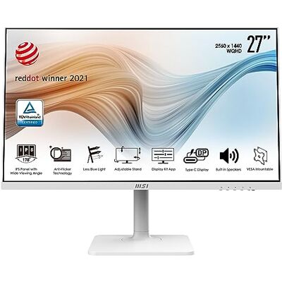 MSI Modern MD271QP 27 Inch WQHD (2560x1440) Monitor, 75Hz, IPS, 5ms, HDMI, Type-C, DisplayPort, Adjustable Stand, Speakers, Anti-Glare/ -Flicker, Less Blue light, TÜV Certified, VESA, White MSI Modern MD271QP 27 Inch WQHD (2560x1440) Monitor, 75Hz, IPS, 5ms, HDMI, Type-C, DisplayPort, Adjustable Stand, Speakers, Anti-Glare/ -Flicker, Less Blue light, TÜV Certified, VESA, White