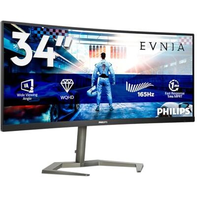 Philips Evnia 34M1C5500VA 34 tums WQHD böjd spelskärm, 1 ms MPRT, 165 Hz, FreeSync Premium, HDR10, 3440x1440, DisplayPort, HDMI, USB-hubb, svart Philips Evnia 34M1C5500VA 34 tums WQHD böjd spelskärm, 1 ms MPRT, 165 Hz, FreeSync Premium, HDR10, 3440x1440, DisplayPort, HDMI, USB-hubb, svart