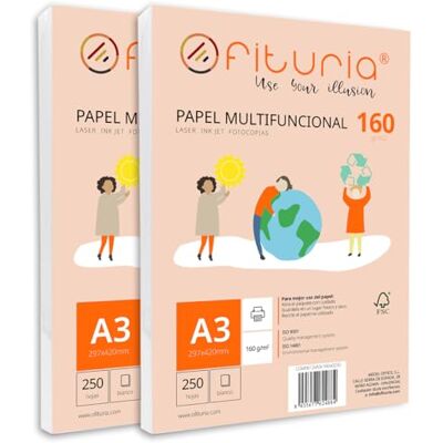 OFITURIA A3-foliepaket på 160 gr med 500 vita ark, multifunktionellt papper för skol- och arbetsmiljöer – perfekt för laserskrivare, bläckstråleskrivare eller kopiatorer OFITURIA A3-foliepaket på 160 gr med 500 vita ark, multifunktionellt papper för skol- och arbetsmiljöer – perfekt för laserskrivare, bläckstråleskrivare eller kopiatorer