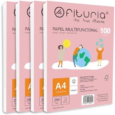 OFITURIA A4-foliepaket på 100 gr med 1 000 vita ark, multifunktionellt papper för skol- och arbetsmiljöer – perfekt för laserskrivare, bläckstråleskrivare eller kopiatorer OFITURIA A4-foliepaket på 100 gr med 1 000 vita ark, multifunktionellt papper för skol- och arbetsmiljöer – perfekt för laserskrivare, bläckstråleskrivare eller kopiatorer