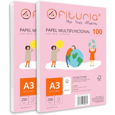 OFITURIA A3-foliepaket på 100 gr med 500 vita ark, multifunktionspapper för skol- och arbetsmiljöer – perfekt för laserskrivare, bläckstråleskrivare eller kopiatorer OFITURIA A3-foliepaket på 100 gr med 500 vita ark, multifunktionspapper för skol- och arbetsmiljöer – perfekt för laserskrivare, bläckstråleskrivare eller kopiatorer