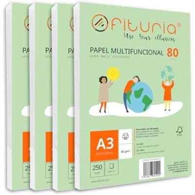 OFITURIA 80 gr A3-foliepaket med 1 000 vita ark, multifunktionellt papper för skol- och arbetsmiljöer – perfekt för laserskrivare, bläckstråleskrivare eller kopiatorer OFITURIA 80 gr A3-foliepaket med 1 000 vita ark, multifunktionellt papper för skol- och arbetsmiljöer – perfekt för laserskrivare, bläckstråleskrivare eller kopiatorer