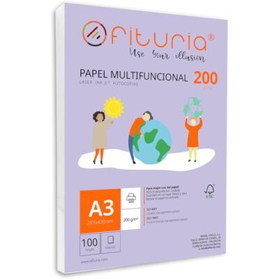 OFITURIA A3-foliepaket 200 gr med 100 vita ark, multifunktionellt papper för skol- och arbetsmiljöer – perfekt för laserskrivare, bläckstråleskrivare eller kopiatorer OFITURIA A3-foliepaket 200 gr med 100 vita ark, multifunktionellt papper för skol- och arbetsmiljöer – perfekt för laserskrivare, bläckstråleskrivare eller kopiatorer