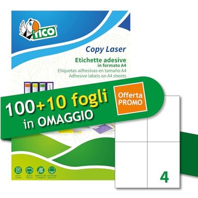 TICO Italia LP4W-105148P Vita multifunktionsetiketter 100 + 10 st extra ark, rektangulära 105 x 148 mm, 4 etiketter per ark, permanent lim, laserskrivare och bläckstråleskrivare TICO Italia LP4W-105148P Vita multifunktionsetiketter 100 + 10 st extra ark, rektangulära 105 x 148 mm, 4 etiketter per ark, permanent lim, laserskrivare och bläckstråleskrivare