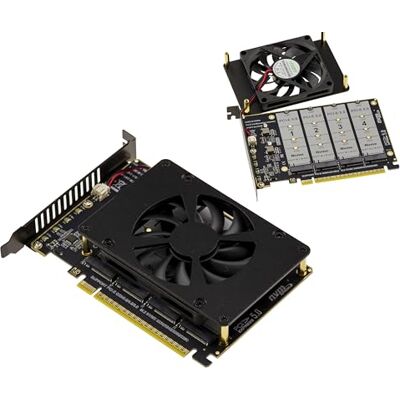 KALEA-INFORMATIQUE PCIe 5.0 x 16 till 4 M.2 NVMe M-Key SSD-adapterkort med ventilation, för moderkort med bifurkationsstöd KALEA-INFORMATIQUE PCIe 5.0 x 16 till 4 M.2 NVMe M-Key SSD-adapterkort med ventilation, för moderkort med bifurkationsstöd