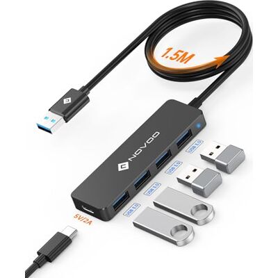 NOVOO 4-portars USB Hub 3.0 med 4,9 fot lång förlängningskabel, USB-adapter 5V/2A strömförsörjningsport, Slim&Portable för stationär dator PC, MacBook, Flash Drive, skrivare, mobil hårddisk NOVOO 4-portars USB Hub 3.0 med 4,9 fot lång förlängningskabel, USB-adapter 5V/2A strömförsörjningsport, Slim&Portable för stationär dator PC, MacBook, Flash Drive, skrivare, mobil hårddisk