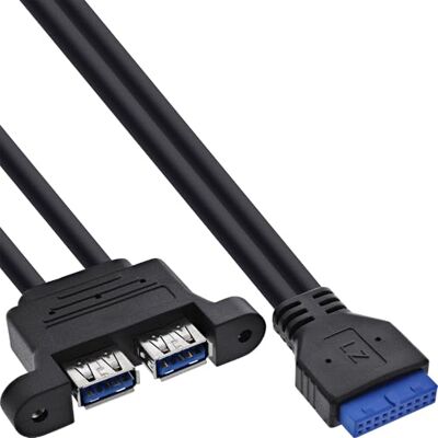 InLine USB 3.2 Gen.1 kabel 19 stift till 2 x USB-A-uttag, intern moderkortsadapter med 5 Gb/s, installation med M3-gänga, 0,45 m, 33390K InLine USB 3.2 Gen.1 kabel 19 stift till 2 x USB-A-uttag, intern moderkortsadapter med 5 Gb/s, installation med M3-gänga, 0,45 m, 33390K