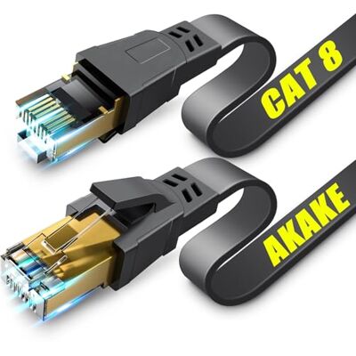 Akake Cat 8 Ethernet-kabel, 12 m kraftig höghastighet, platt internetnätverkskabel, professionell LAN-kabel, 26 AWG, 2000 Mhz 40 Gbps med guldpläterad RJ45-kontakt, skärmad på vägg, inomhus och Akake Cat 8 Ethernet-kabel, 12 m kraftig höghastighet, platt internetnätverkskabel, professionell LAN-kabel, 26 AWG, 2000 Mhz 40 Gbps med guldpläterad RJ45-kontakt, skärmad på vägg, inomhus och