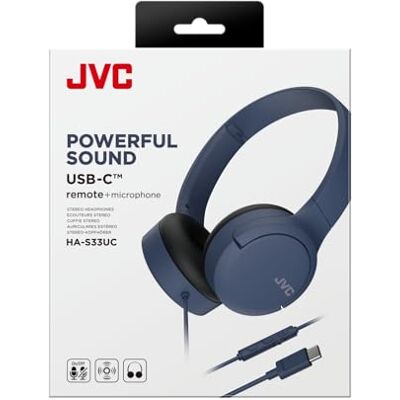 JVC HA-S33UC-A USB-C On-Ear-hörlurar, mjuka öronkuddar, vikbara, med mikrofon och 3-knappars fjärrkontroll, ensidig kabel, blå JVC HA-S33UC-A USB-C On-Ear-hörlurar, mjuka öronkuddar, vikbara, med mikrofon och 3-knappars fjärrkontroll, ensidig kabel, blå