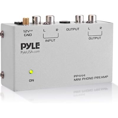 Pyle Phono Turntable Preamp Mini Electronic Audio Stereo Phonograph Preamplifier with RCA Input, RCA Output & Low Noise Operation Powered by 12 Volt DC Adapter (PP444), Gray Pyle Phono Turntable Preamp Mini Electronic Audio Stereo Phonograph Preamplifier with RCA Input, RCA Output & Low Noise Operation Powered by 12 Volt DC Adapter (PP444), Gray